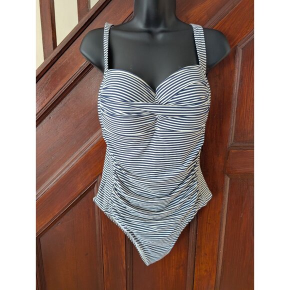 Niptuck Swim Blue White Striped Ruched One-Piece Swimsuit Adjustable Size 12 - Picture 1 of 5